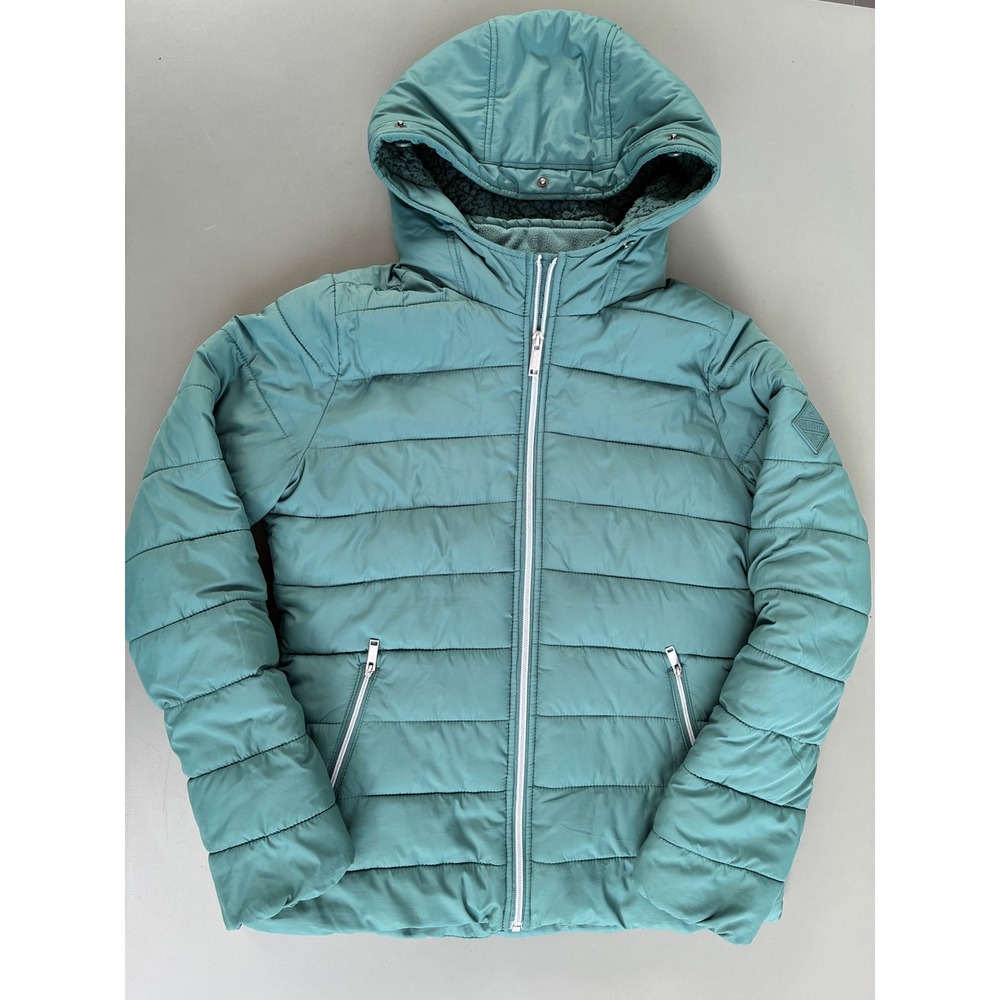 Hollister Womens Puffer Jacket Teal Green Sherpa Lined Hooded Coat Small